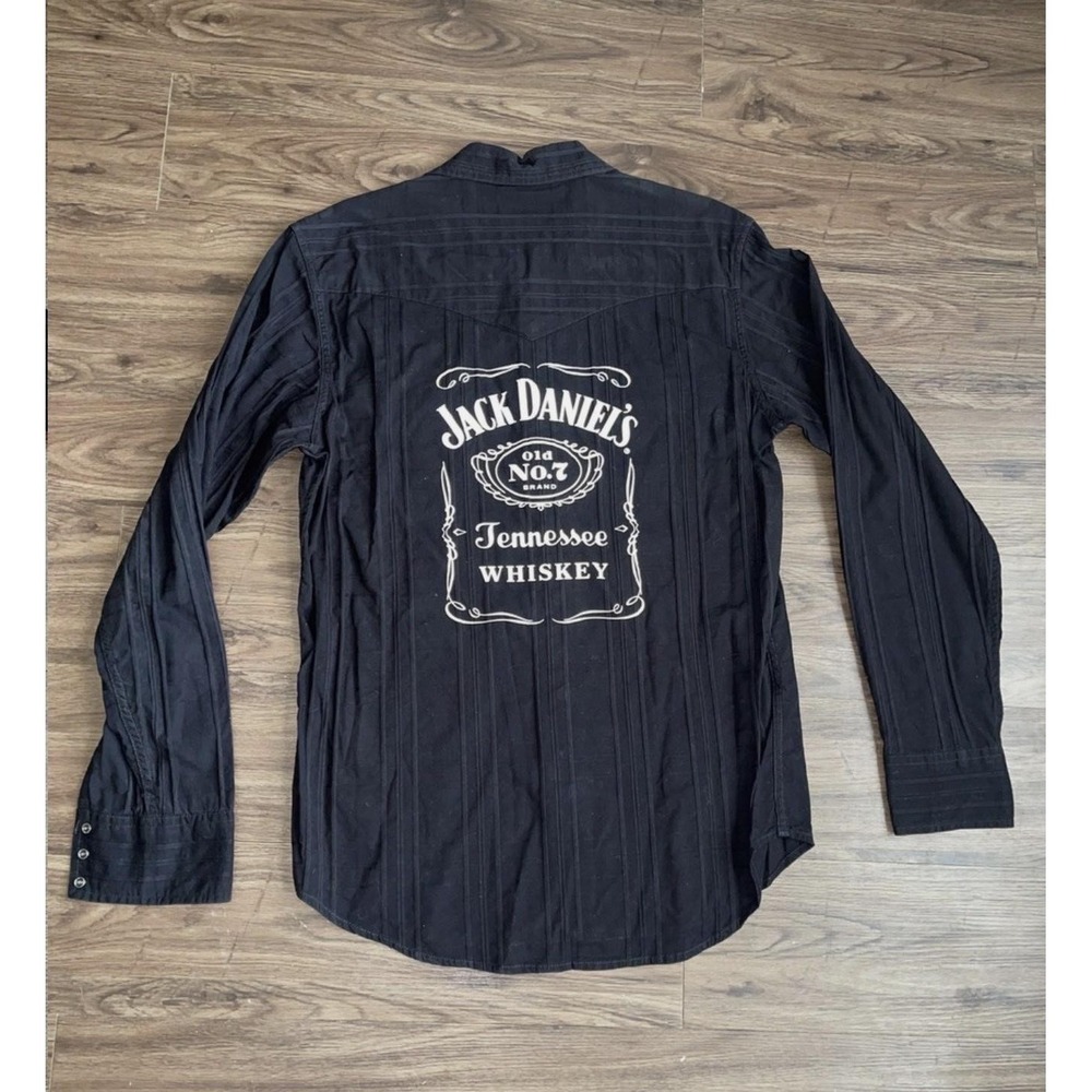 Jack Daniels Shirt Mens L Black Western Snap Long Sleeve Graphic Whiskey Casual